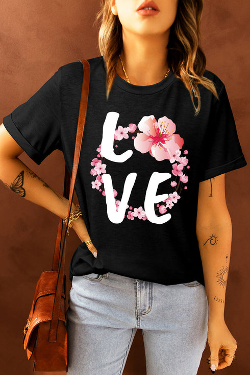 Black Love Cherry Blossoms Graphic Print Short Sleeve T Shirt